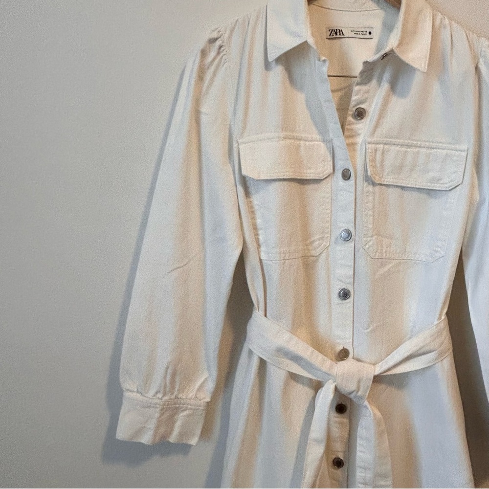 ZARA M Women’s Cotton Linen Blend Elegant Cream Button-Down Denim Belted Dress - Picture 6 of 12